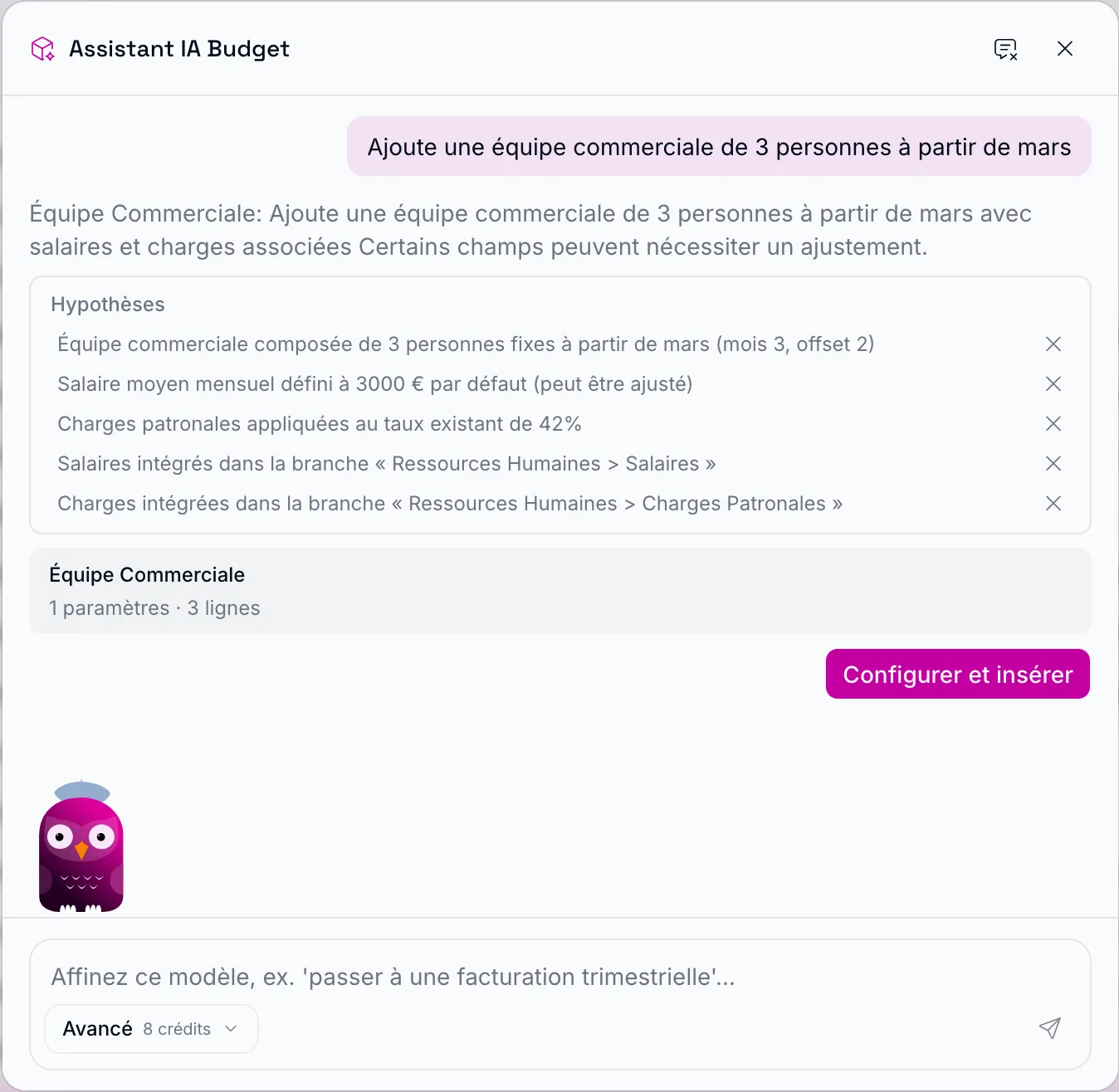 Assistant IA de BeretPlan : ajout d'une équipe commerciale de trois personnes, hypothèses éditables et bloc de lignes prêt à insérer