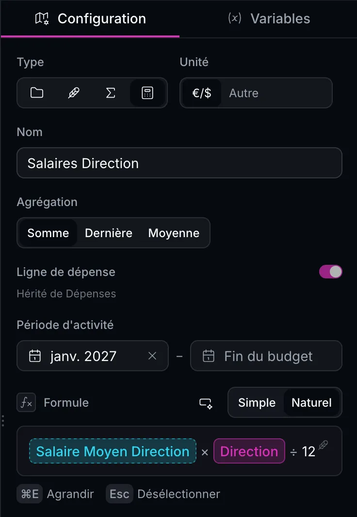 Panneau de configuration d'une ligne dans BeretPlan : formule affichée en langage naturel et période d'activité de la ligne