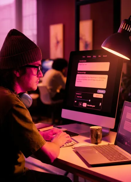 Un créateur d'entreprise, bonnet vissé sur la tête, travaille le soir sur son ordinateur dans une lumière rose et orangée